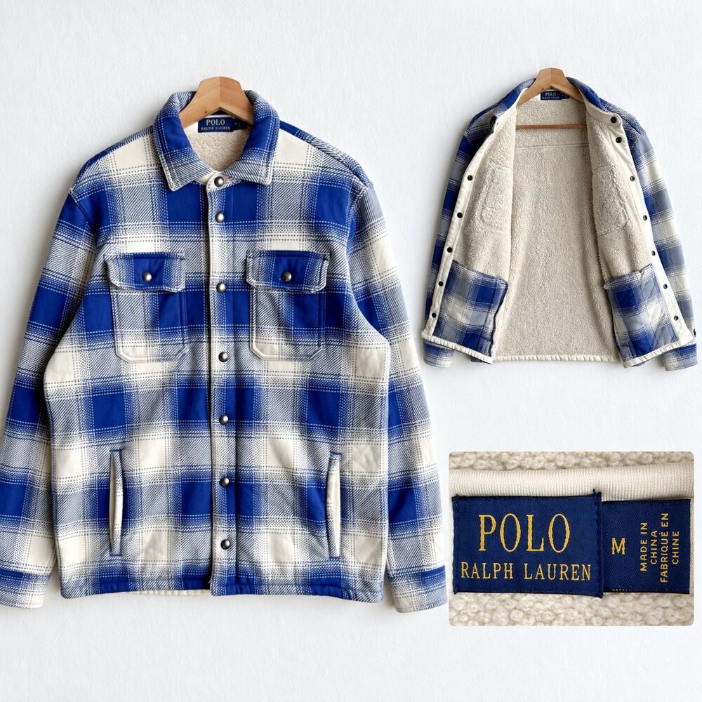 NWOT Polo Ralph Lauren Flannel Shirt Jacket Mens M Blue White Plaid Fleece Lined